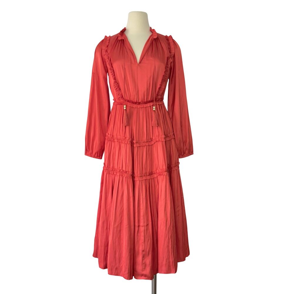 Elie Tahari Satin Ruffle Midi Dress Tiered Long Sleeves in Wild Flower 2 NWT - Picture 1 of 12
